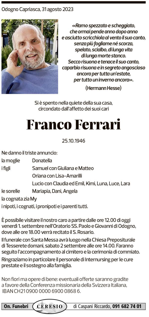 Annuncio funebre Franco Ferrari