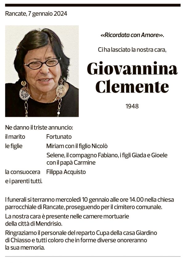 Annuncio funebre Giovannina Clemente