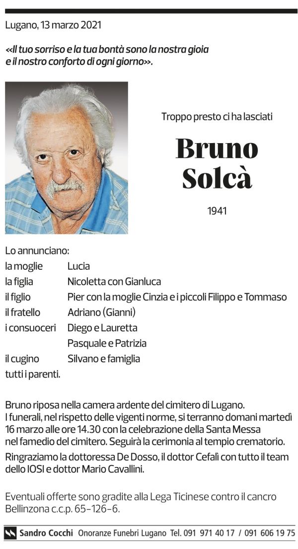 Annuncio funebre Bruno Solcà