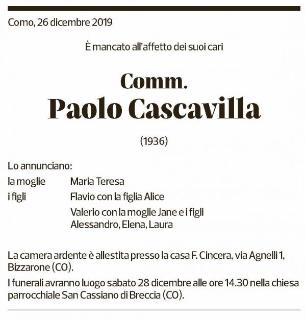 Annuncio funebre Paolo Cascavilla