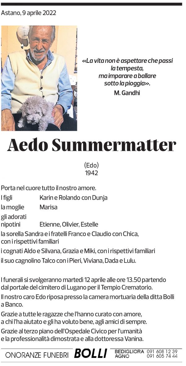 Annuncio funebre Aedo Summermatter