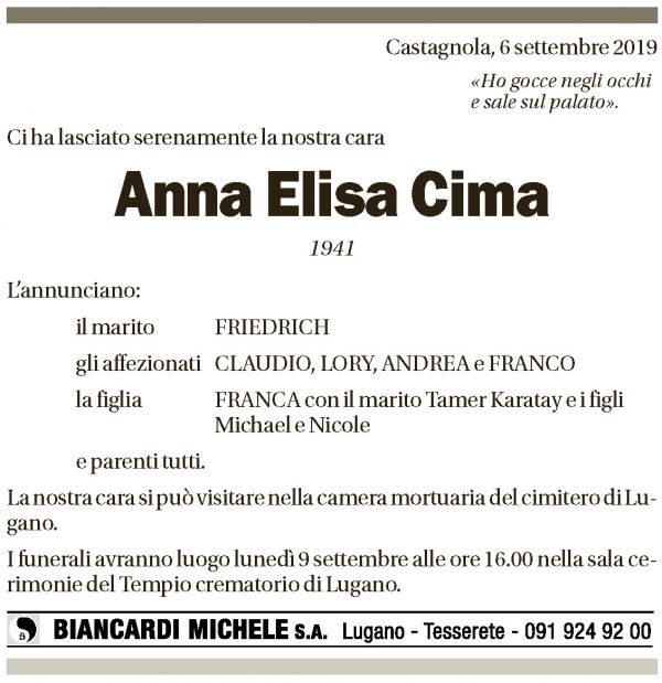 Annuncio funebre Anna Elisa Cima