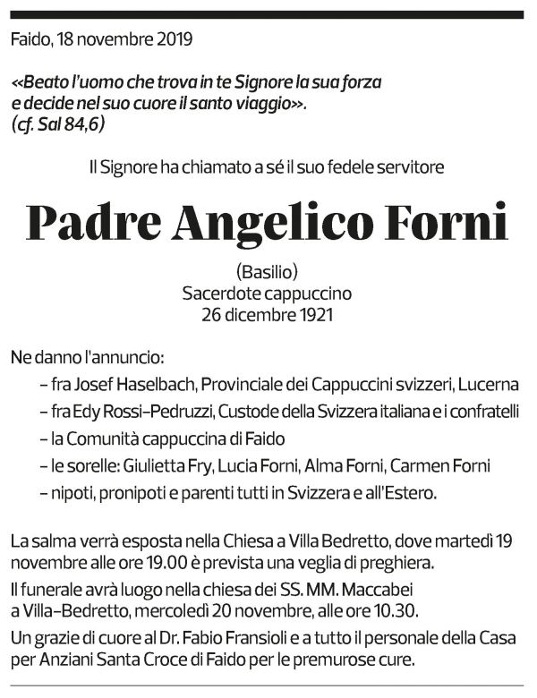 Annuncio funebre Padre Angelico Forni