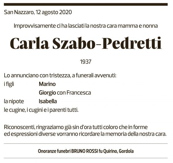 Annuncio funebre Carla Szabo-pedretti