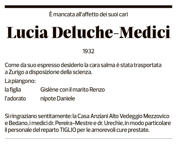 Annuncio funebre Lucia Deluche-medici