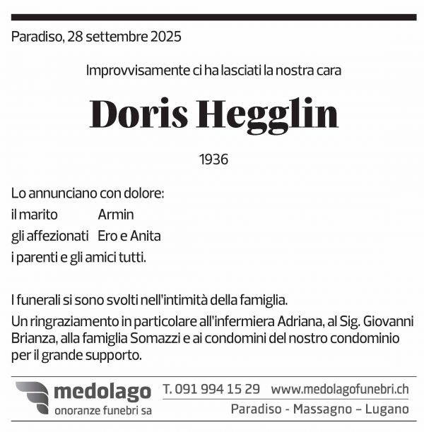 Annuncio funebre Doris Hegglin