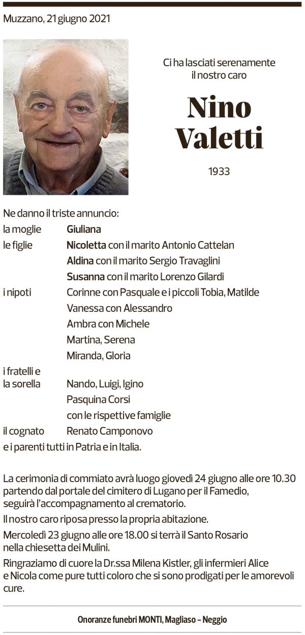 Annuncio funebre Nino Valenti