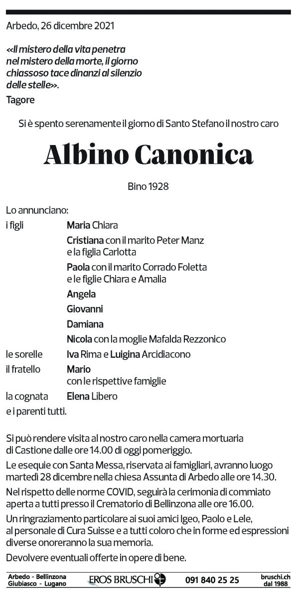 Annuncio funebre Albino Canonica