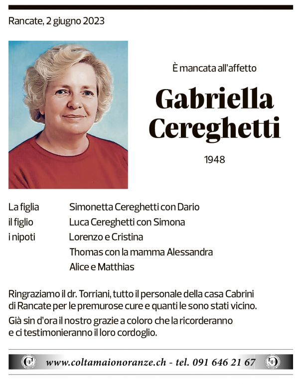 Annuncio funebre Gabriella Cereghetti
