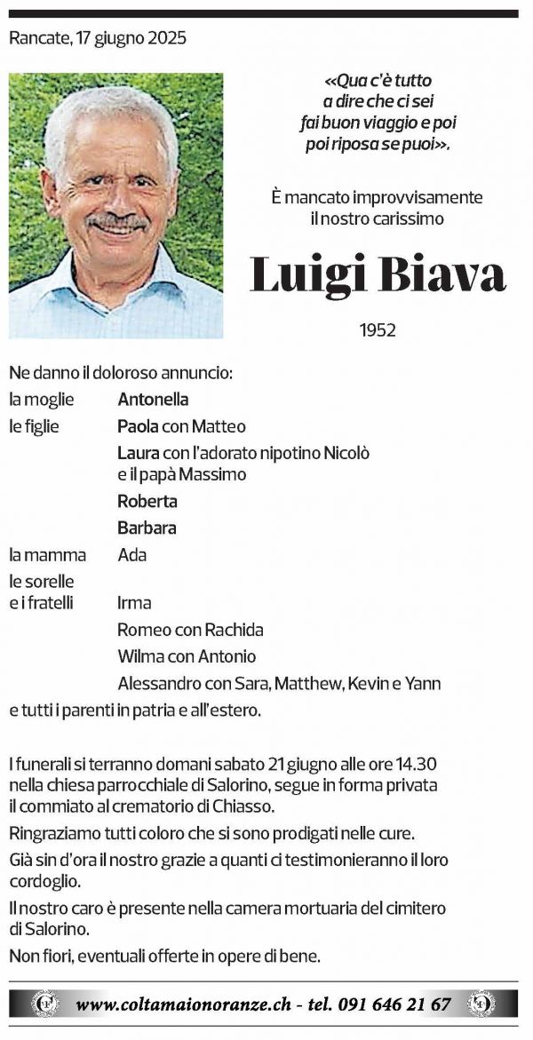 Annuncio funebre Luigi Biava