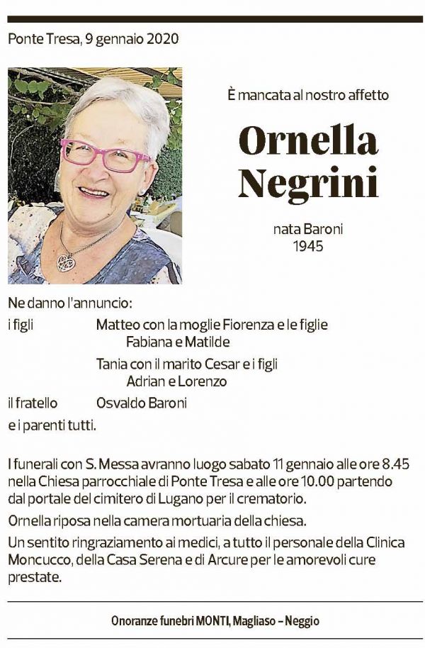 Annuncio funebre Ornella Negrini