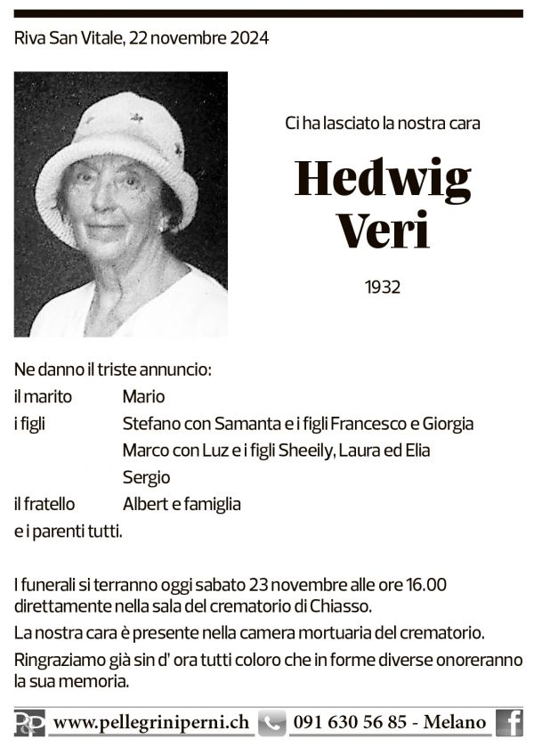 Annuncio funebre Hedwig Veri