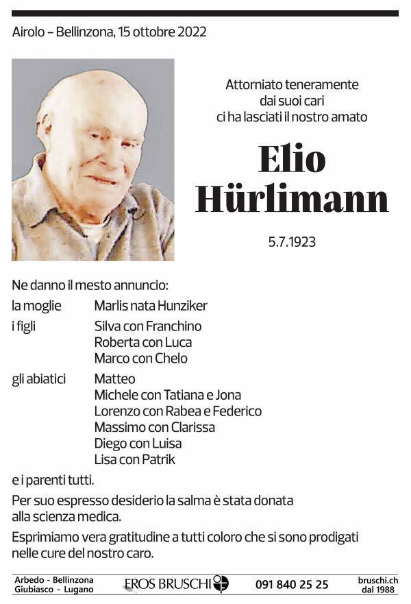 Annuncio funebre Elio Hürlimann