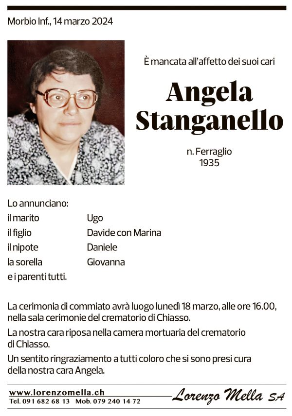 Annuncio funebre Angela Stanganello