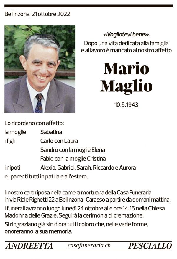 Annuncio funebre Mario Maglio