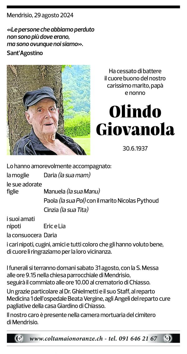 Annuncio funebre Olindo Giovanola