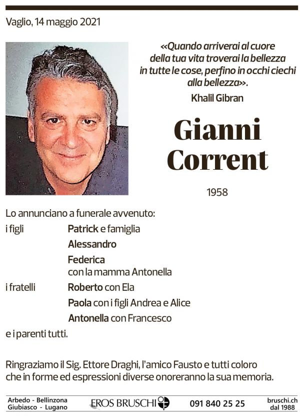 Annuncio funebre Gianni Corrent