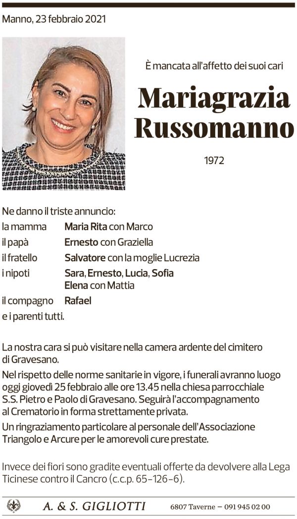 Annuncio funebre Mariagrazia Russomanno