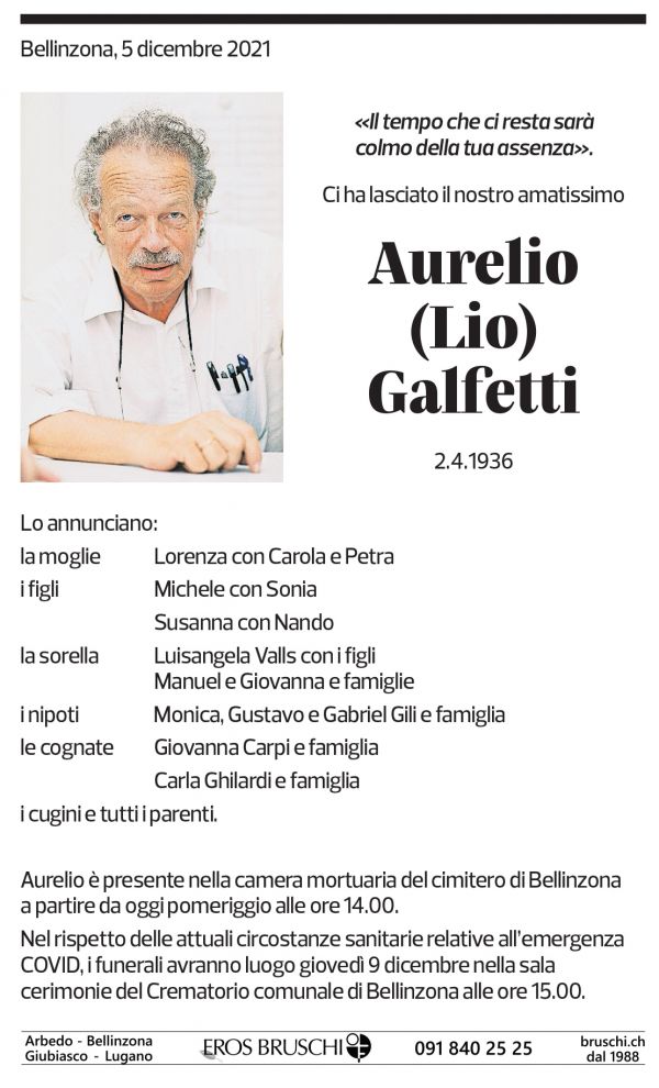 Annuncio funebre Aurelio Galfetti