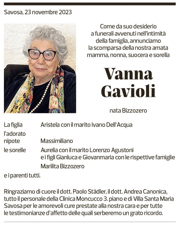 Annuncio funebre Vanna Gavioli