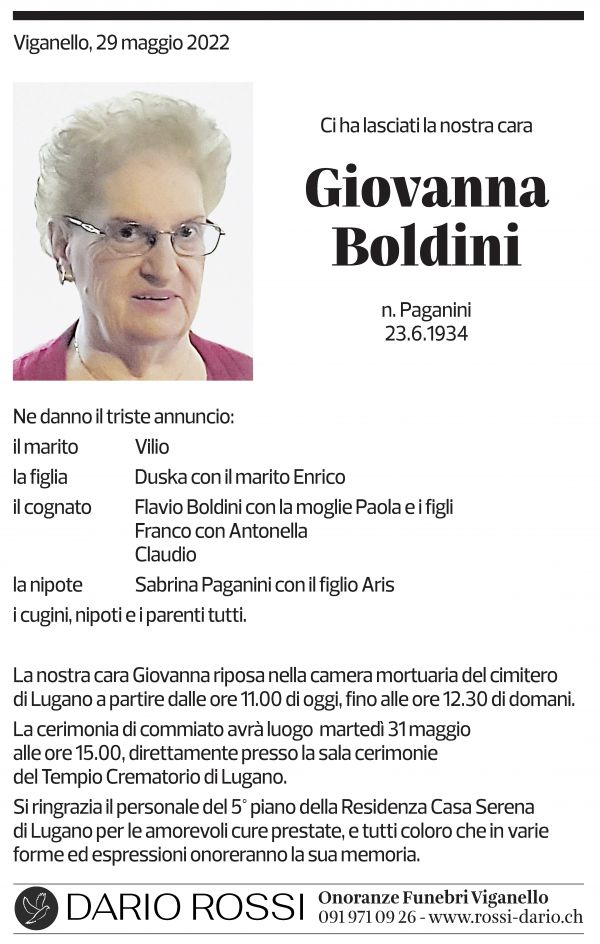 Annuncio funebre Giovanna Boldini