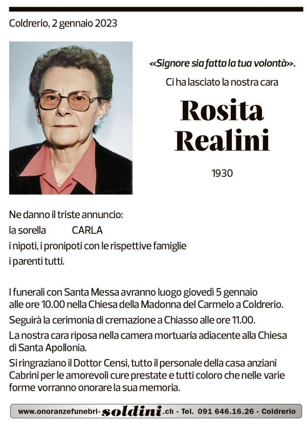 Annuncio funebre Rosita Realini