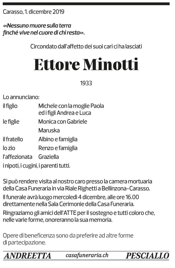 Annuncio funebre Ettore Minotti