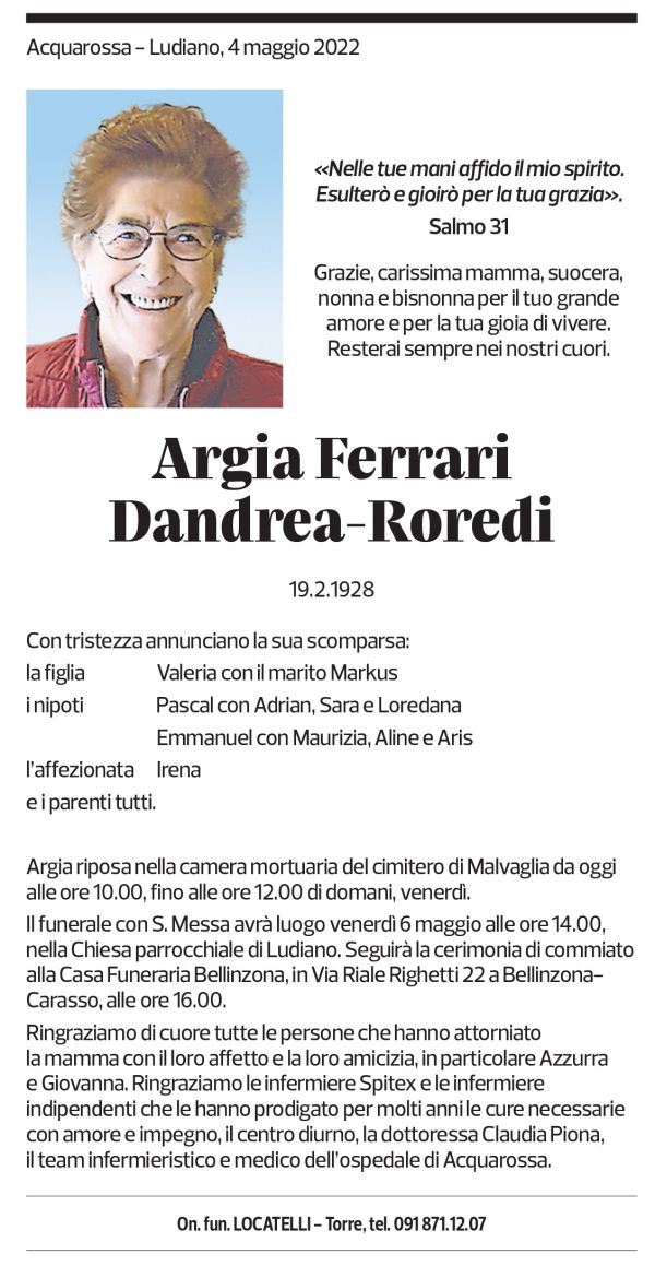 Annuncio funebre Argia Ferrari Dandrea-roredi