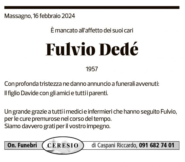 Annuncio funebre Fulvio Dedé