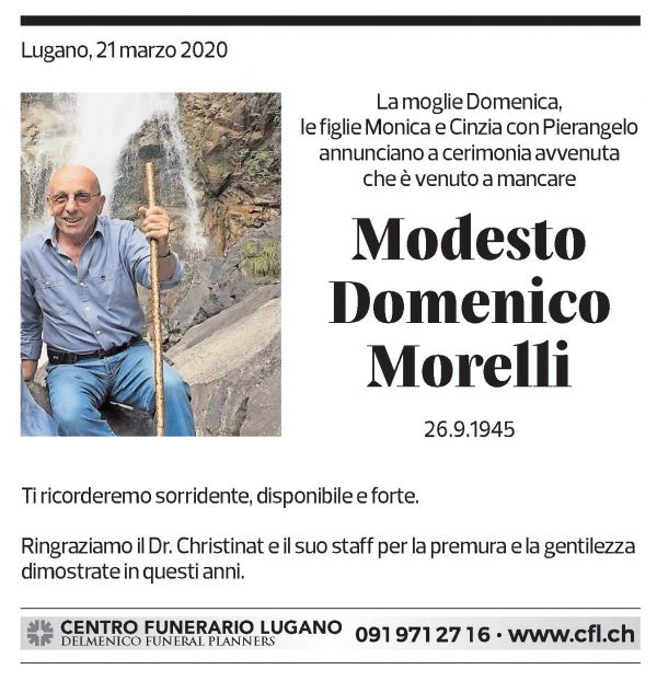 Annuncio funebre Modesto Domenico Morelli