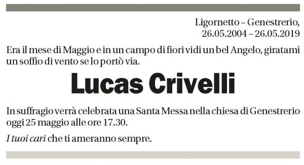 Annuncio funebre Lucas Crivelli