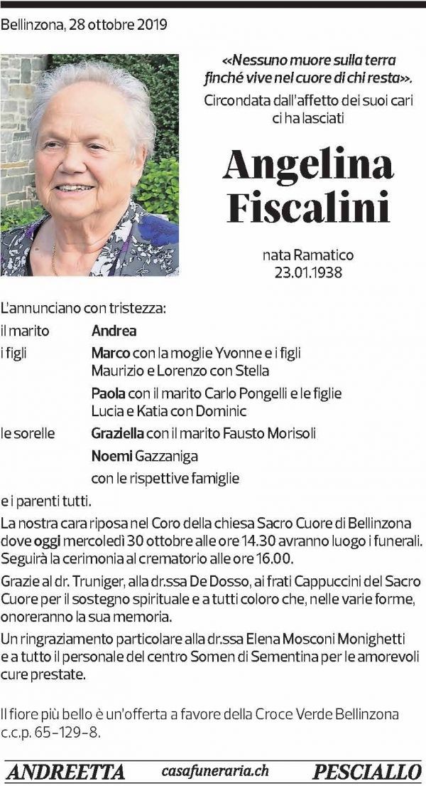 Annuncio funebre Angela Fiscalini