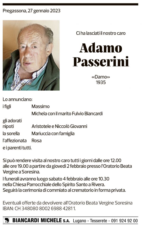 Annuncio funebre Adamo Passerini