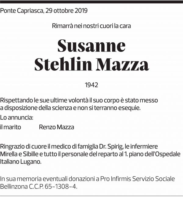Annuncio funebre Susanne Stehlin Mazza