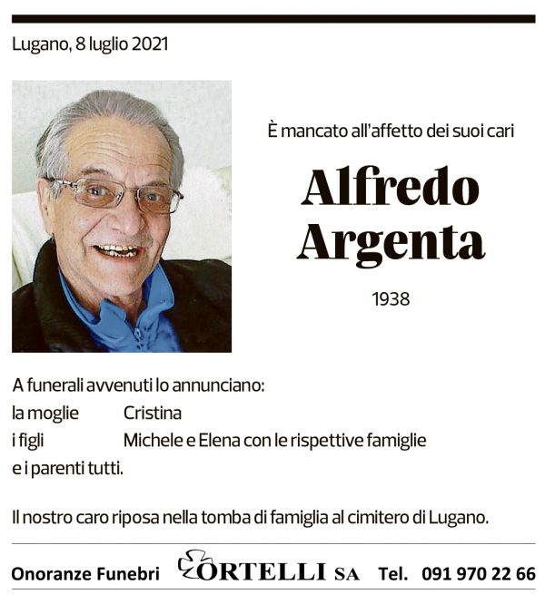 Annuncio funebre Alfredo Argenta