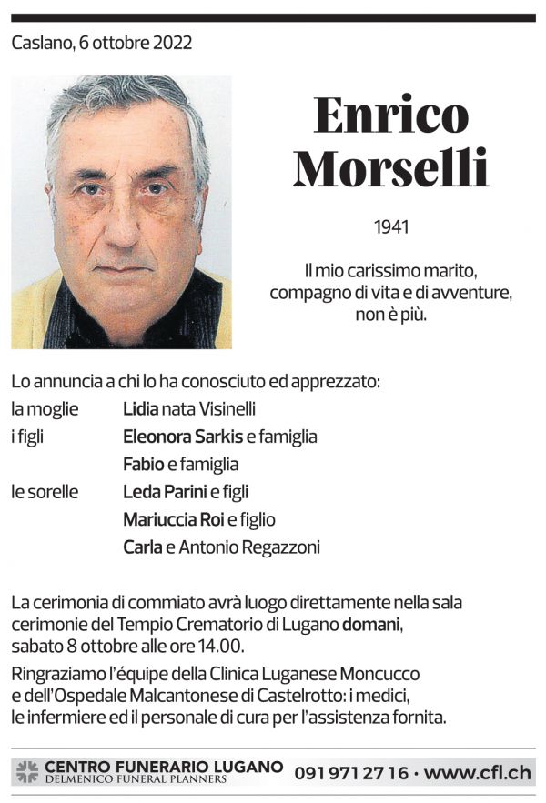 Annuncio funebre Enrico Morselli