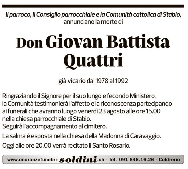 Annuncio funebre Giovan Battista Quattri