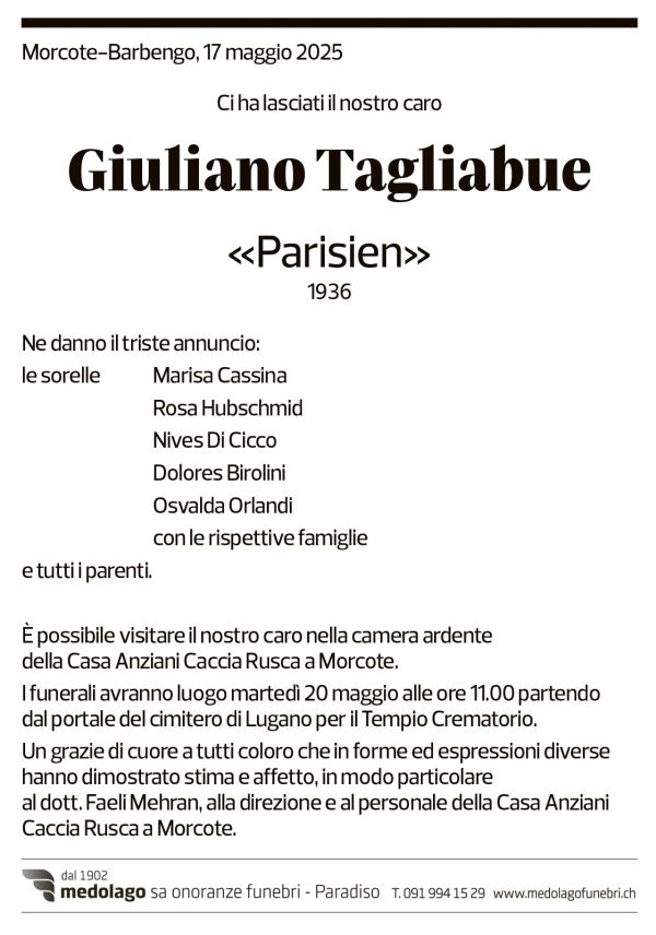 Annuncio funebre Giuliano Tagliabue