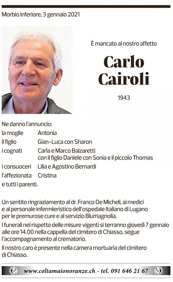 Annuncio funebre Carlo Cairoli