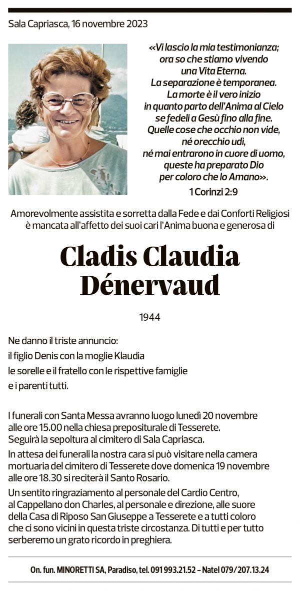 Annuncio funebre Cladis Claudia Dénervaud