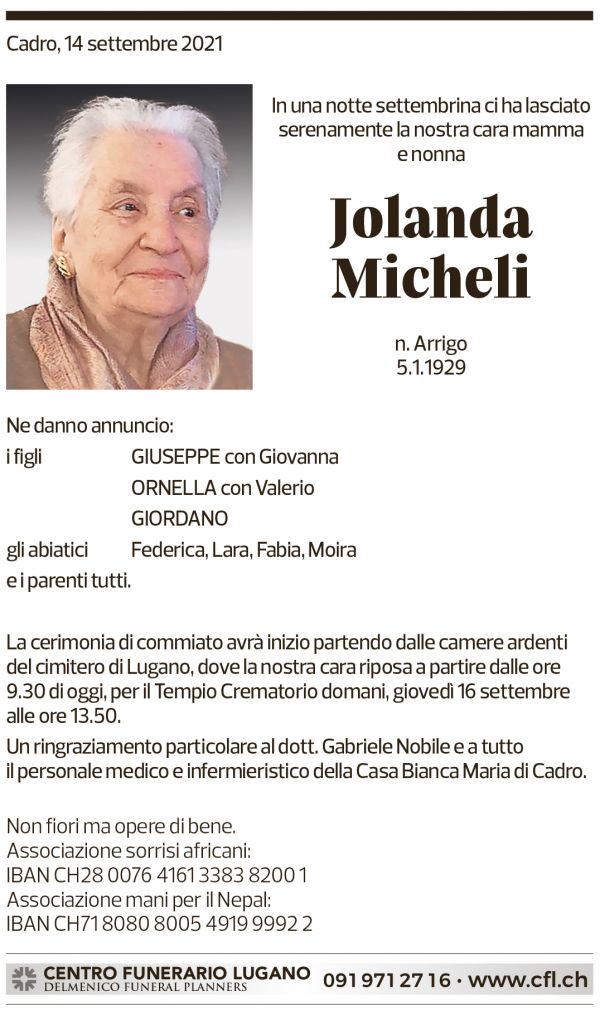 Annuncio funebre Jolanda Micheli