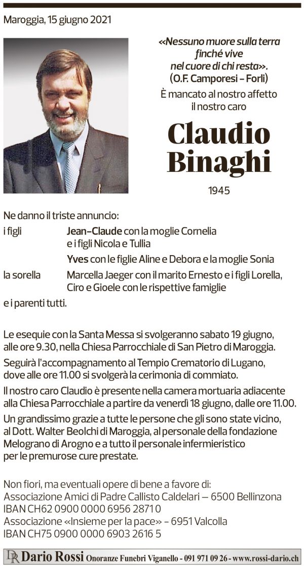 Annuncio funebre Claudio Binaghi