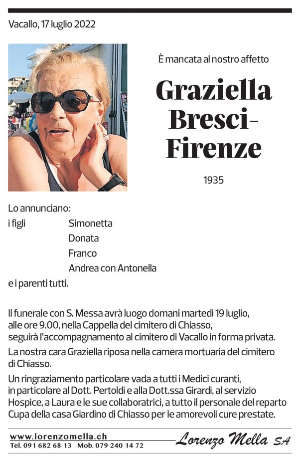 Annuncio funebre Graziella Bresci-firenze