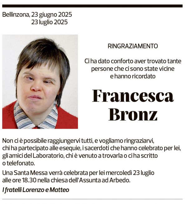 Annuncio funebre Francesca Bonz