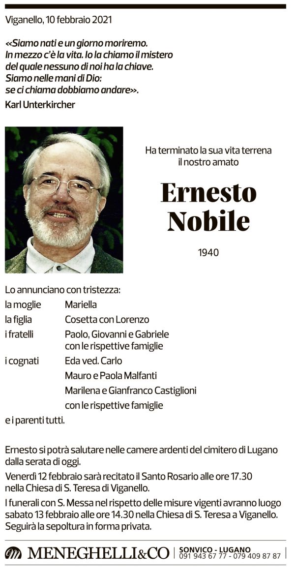 Annuncio funebre Ernesto Nobile