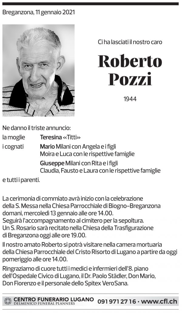 Annuncio funebre Roberto Pozzi