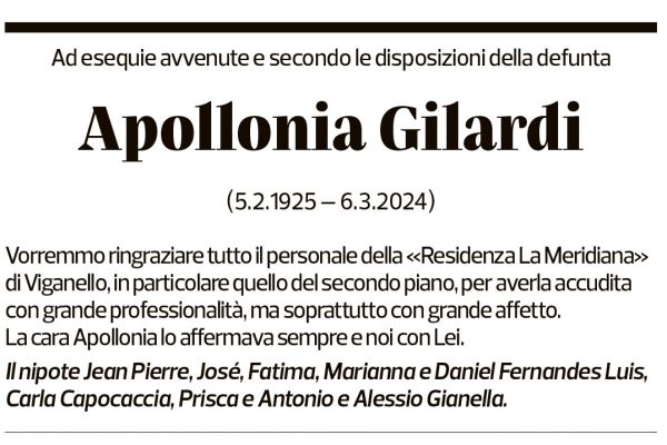 Annuncio funebre Apollonia Gilardi