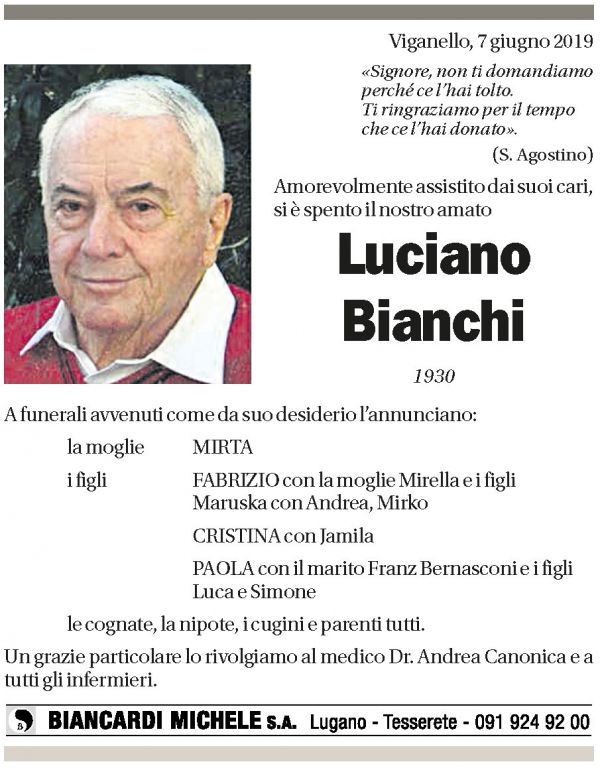 Annuncio funebre Luciano Bianchi