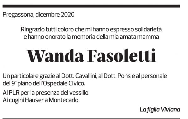Annuncio funebre Wanda Fasoletti