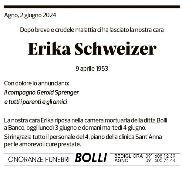 Annuncio funebre Erika Schweizer